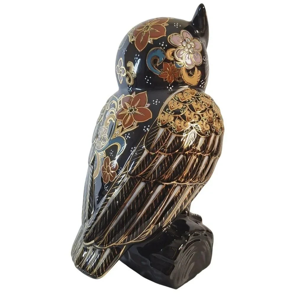 Japanese Kutani Owl Porcelain Figurine Mori Gold Painted Fukuro Lucky Owl Vintag
